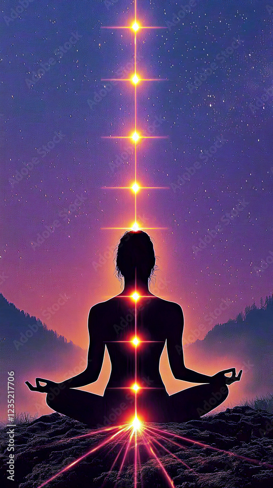 Poster meditating figure in the glow of chakra energy under a starry sky at twilight