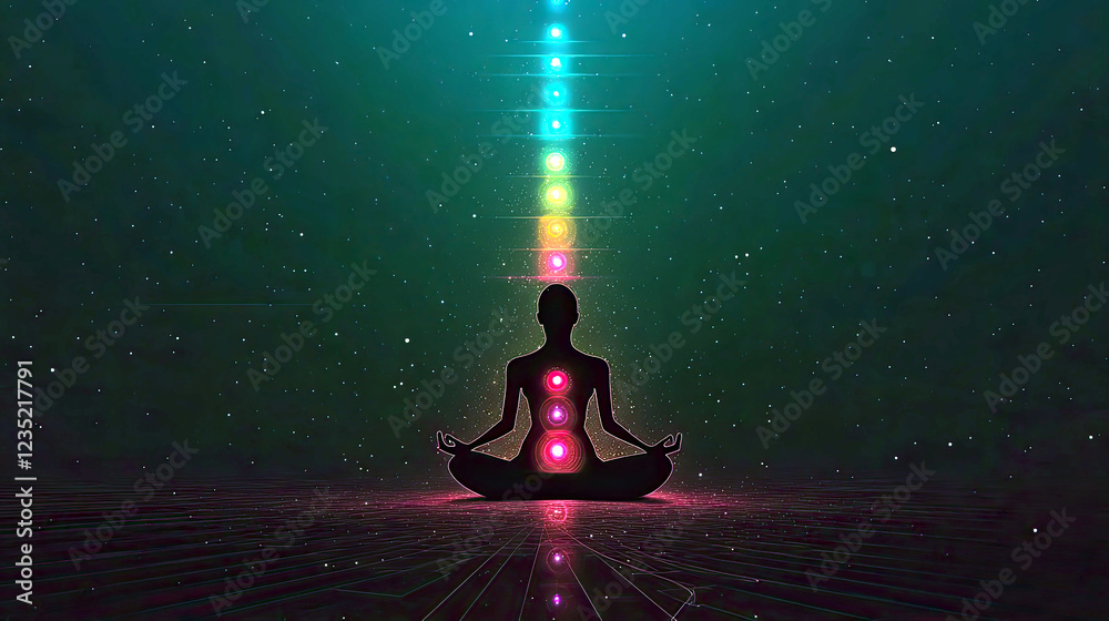 Poster silhouette of a person meditating with glowing chakra points in a serene cosmic ambiance