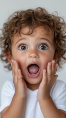 Adorable curly-haired toddler expressing surprise with big blue eyes