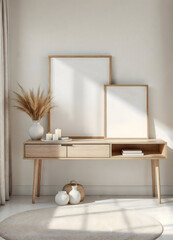 Minimalist Wooden Frame Mockup with Dried Pampas Decor on Console Table