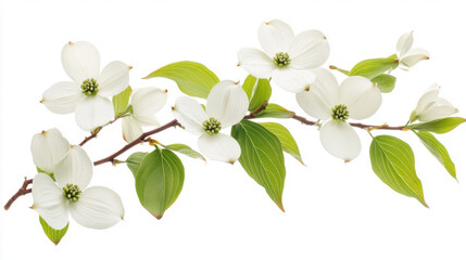 Naklejka premium Close-up of a flowering dogwood branch, with soft white petals and green leaves, isolated on a white background,