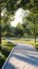 A serene pathway winding through a lush green park, inviting relaxation and exploration.