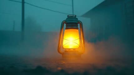 Misty Night, Lantern Illuminates Foggy Countryside