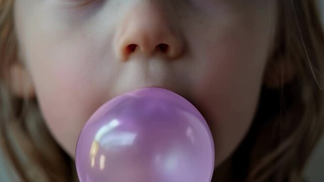 Close up portrait showing pink bubble gum bubble against soft neutral background, capturing playful childhood moment.