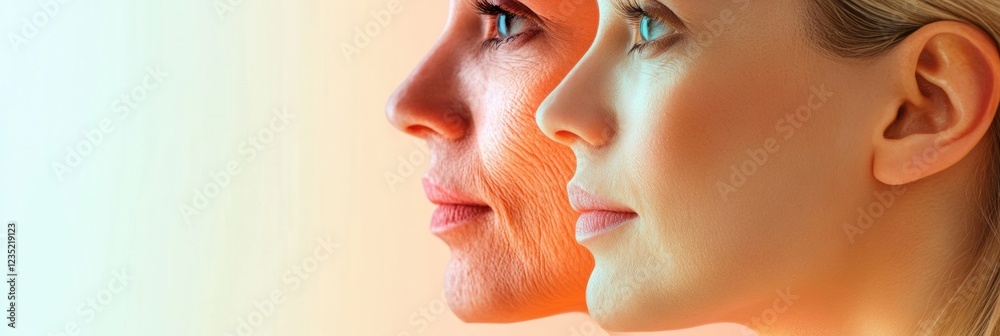Poster contrast between aging and youthfulness captured in two faces side by side showcasing signs of time 