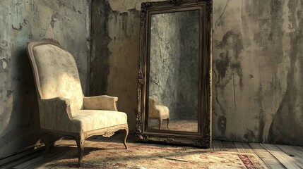 In the room are antique mirror and a chair