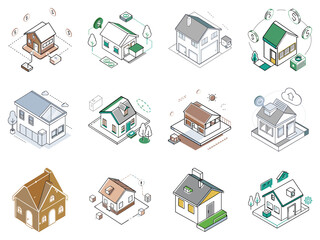 Set of isometric house icons for real estate websites, blogs, and graphic design projects 