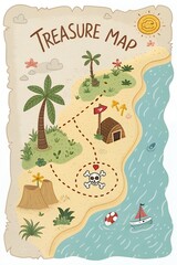 Kids Treasure Map Illustration Island Beach Pirate Adventure