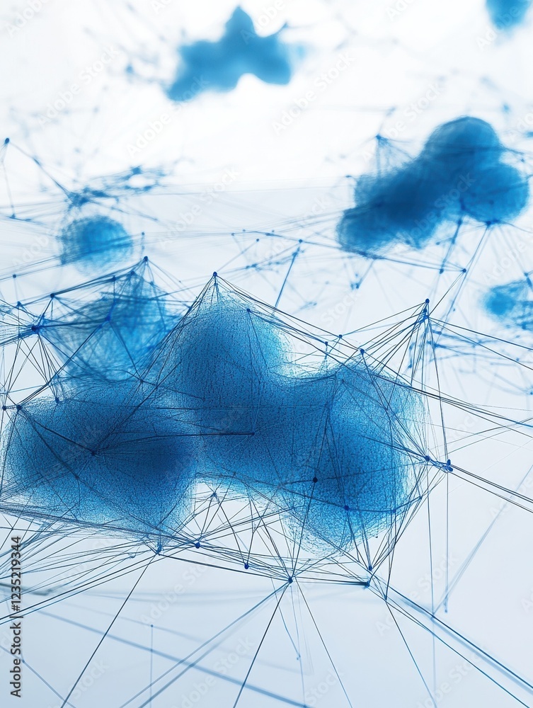 Poster 3d rendered abstract cloud computing network system illustration with blue lines and nodes on a whit