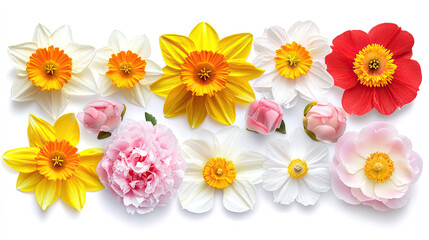 Obraz premium Set of Four Spring Flowers - Daffodils, Poppy, and Peony - Isolated on White Background