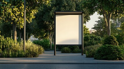 A blank advertising billboard surrounded by lush greenery in an urban park setting.