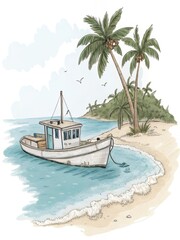 Naklejka premium Tropical Island Beach Scene Boat Palm Trees Ocean Paradise