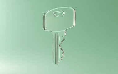 Transparent Glass Key Floating in a Minimalist Green Background, Futuristic Concept of Security, Access, and Digital Encryption