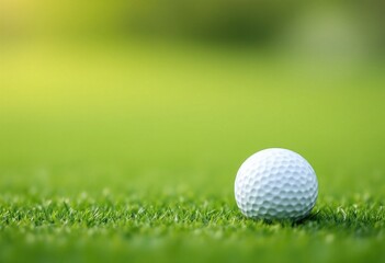 Obraz premium White golf ball on fresh green grass course with soft blur background. Close-up view of sports equipment on natural lawn. Summer outdoor activity and professional game concept