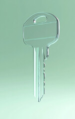 Transparent Glass Key Floating in a Minimalist Green Background, Futuristic Concept of Security, Access, and Digital Encryption
