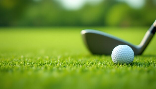 Golf club and white ball on fresh green grass course during sunny day. Close-up shot of equipment on putting field. Sport activity and leisure game concept for social media and advertising - Powered by Adobe
