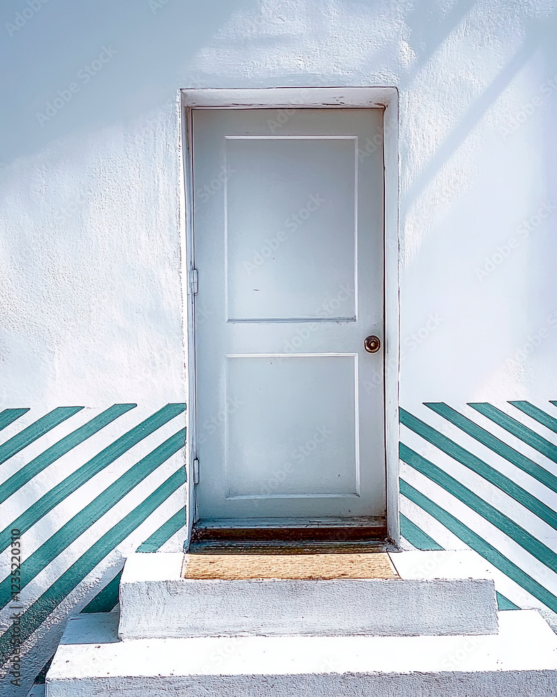 Poster steps leading to a secured door amidst a clean artistic backdrop of geometric patterns