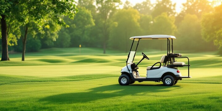 White golf cart on green summer course at sunset with sunlight through trees. Empty buggy on luxurious grass field. Sport and leisure activity scene for club or resort marketing