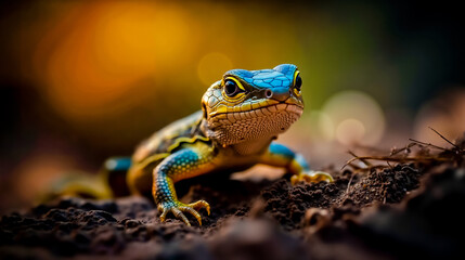 Obraz premium A small blue and yellow lizard sitting on the ground