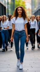 Obraz premium A woman walking down a city street with a group of people in the background
