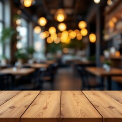 Empty wooden table surface with blurred cozy restaurant interior background with warm bokeh lights. Modern cafe atmosphere for product display or montage