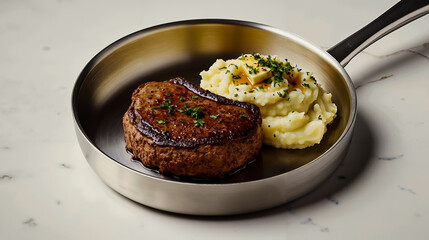 A steak and mashed potatoes in a pan on a table