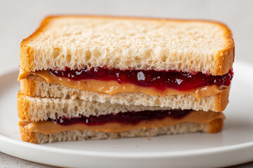 Classic peanut butter and jelly sandwich cut in half and stacked on a white plate