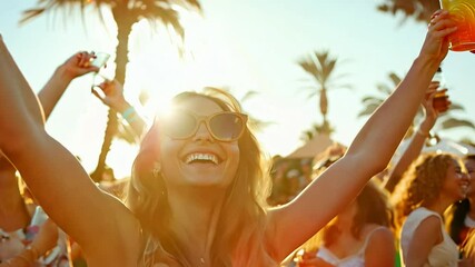 A vibrant summer gathering featuring a young crowd filled with joy as they dance, drink, and enjoy the warm sunshine, surrounded by palm trees and cheerful energy. Laughter and music fill the air.