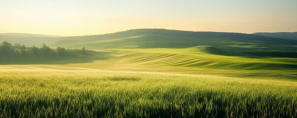Obraz premium Morning sunlight illuminating rolling hills with green wheat field in countryside landscape. Golf course. Panoramic view of rural farmland with misty horizon and soft sunrise glow for nature backdrop