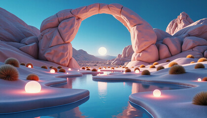 Surreal archway reflecting glowing orbs in desert landscape, dreamlike