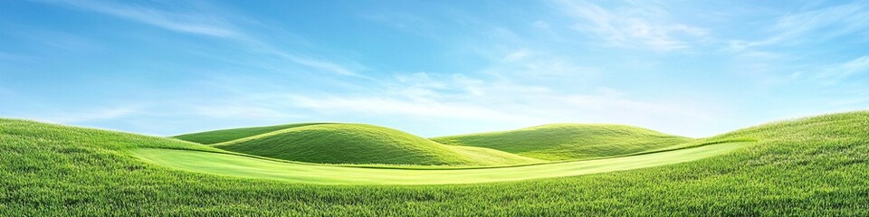 Rolling green hills landscape under bright blue summer sky with white clouds. Golf course. Natural grassland panorama view. Minimalist countryside scenery for relaxation and environmental concept