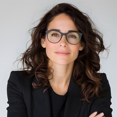 Obraz premium Confident woman, glasses, studio portrait, arms crossed, neutral background, professional headshot