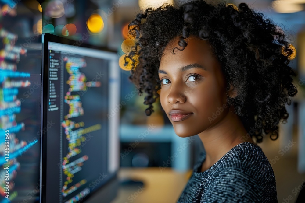 Poster woman web developer writing code on computer: software development