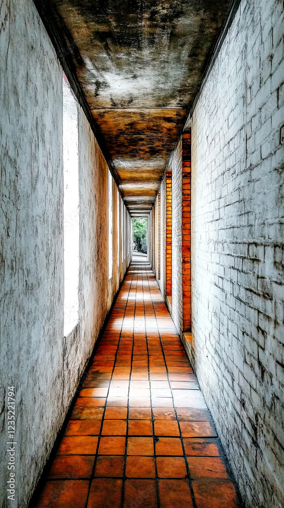 Poster exploring the serene and minimalistic underground passage within a bustling urban environment