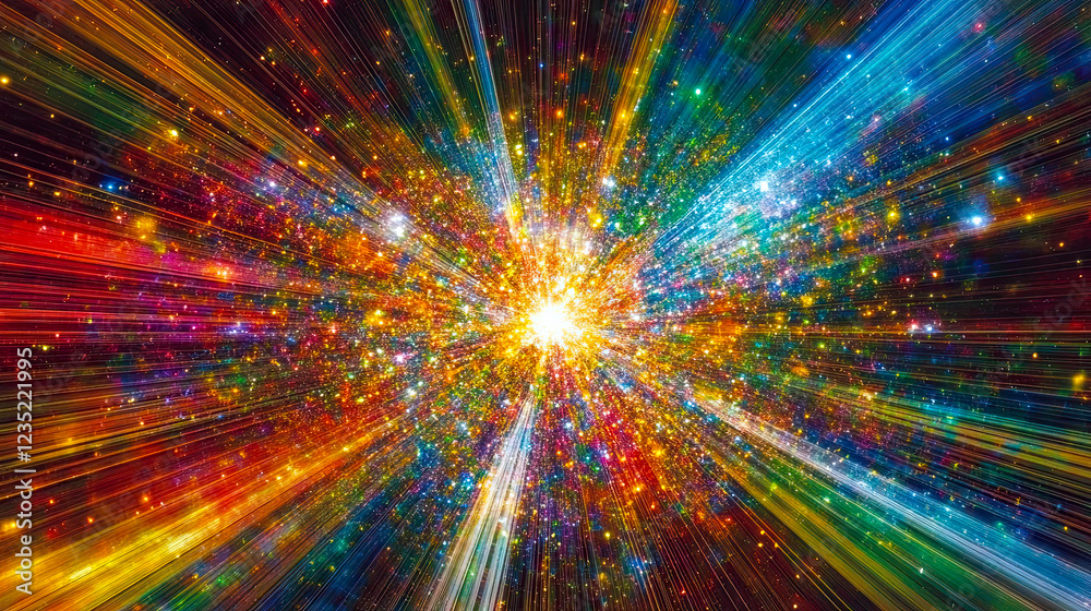Poster exploration of cosmic energy through an explosion of light and vibrant colors in the universe