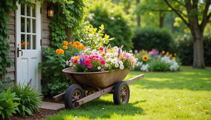 Rustic wheelbarrow filled with spring flowers by garden shed, nature bliss, Spring Garden Scene, Mild Weather