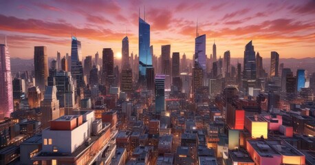 Obraz premium Brightly colored, geometric shapes overlapping a cityscape at sunset, urban, vibrant