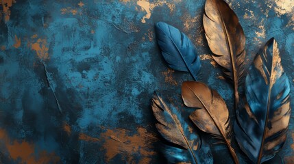 Obraz premium art background with golden and blue leaves or feathers