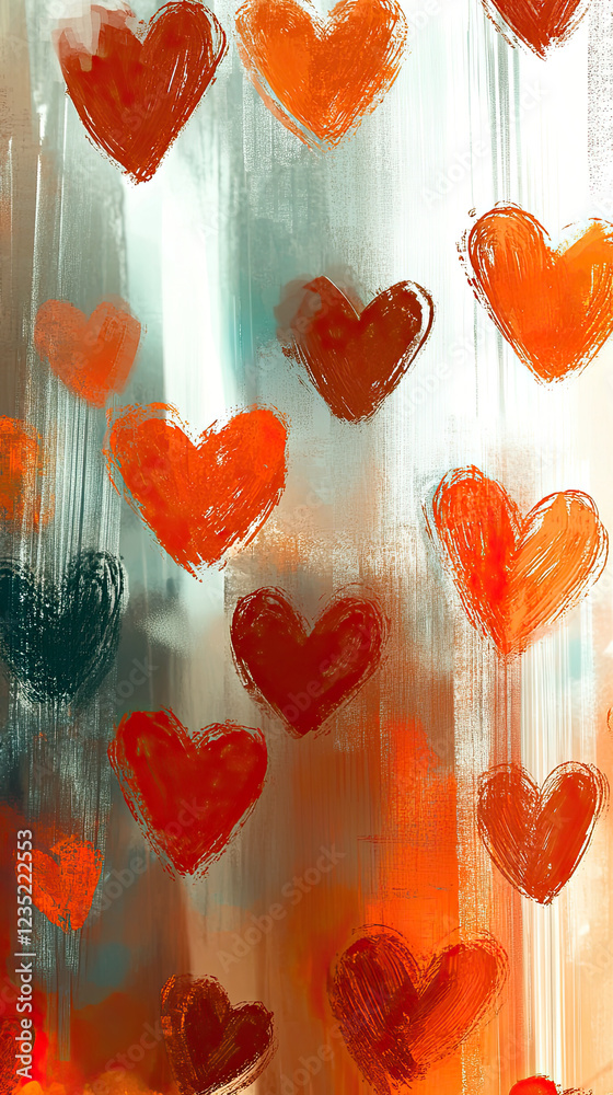 Poster creative retro background with hearts transition effect in vibrant warm tones