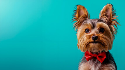 Naklejka premium A small dog with a red bow tie on a blue background