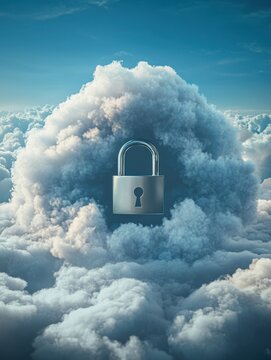 A visually striking cloud graphic featuring a padlock, symbolizing security and privacy in digital storage and cloud computing.