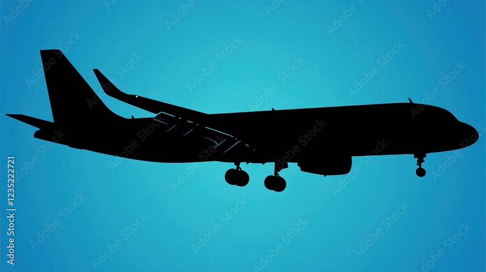 Aufkleber Silhouette of an airplane soaring through a bright blue sky at dusk showcasing elegant and clean lines of flight. Generative AI