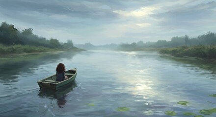 Lonely woman in the river. solitude and loneliness concept art. people in nature.
