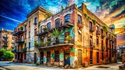 Fototapeta premium Abandoned Building Double Exposure, El Poblenou, Barcelona: Vertical Stock Photo