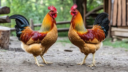 Fototapeta premium Two roosters facing, farm yard, rustic background, agriculture