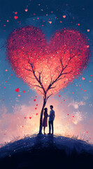Romantic Digital Illustration of a Couple Standing Under a Glowing Heart-Shaped Tree, Dreamy Fantasy Scene with Warm Colors and Magical Atmosphere