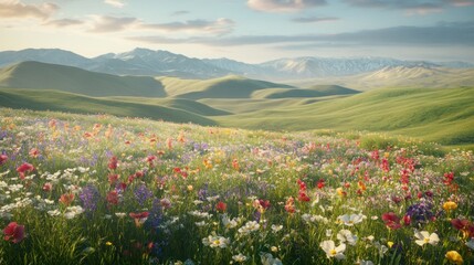 Fototapeta premium Vibrant wildflowers bloom in rolling hills at sunset, majestic mountains backdrop; idyllic nature scene
