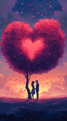 Obraz premium Romantic Digital Illustration of a Couple Standing Under a Glowing Heart-Shaped Tree, Dreamy Fantasy Scene with Warm Colors and Magical Atmosphere