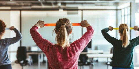 Join our Group Fitness Class with Resistance Bands in a Modern Office promoting wellness