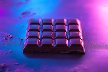 "Chocolate Piece with Purple and Blue Illuminated Background"